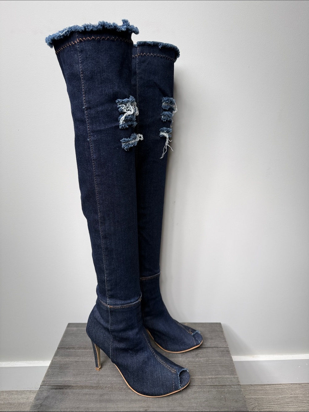 Shoe Dazzle Dark Blue Denim Over-the-Knee Peep-Toe Boots